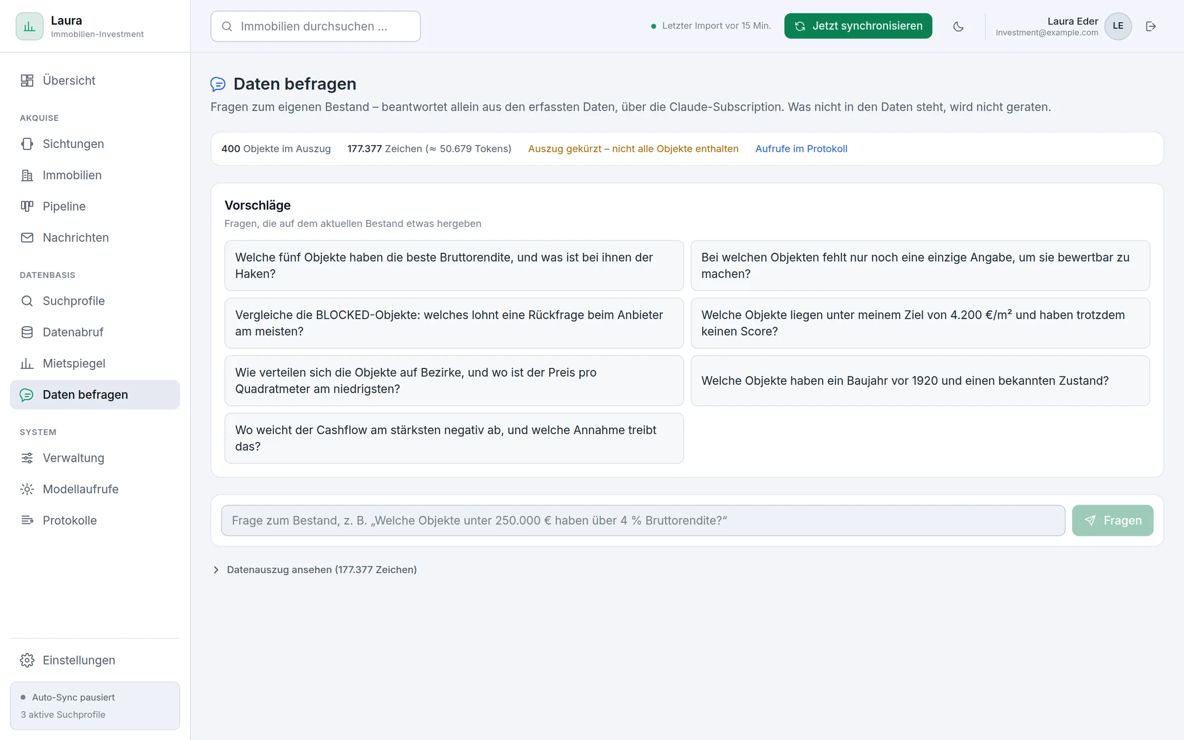 Daten befragen – Fragen zum eigenen Bestand – beantwortet ausschließlich aus den erfassten Daten.
