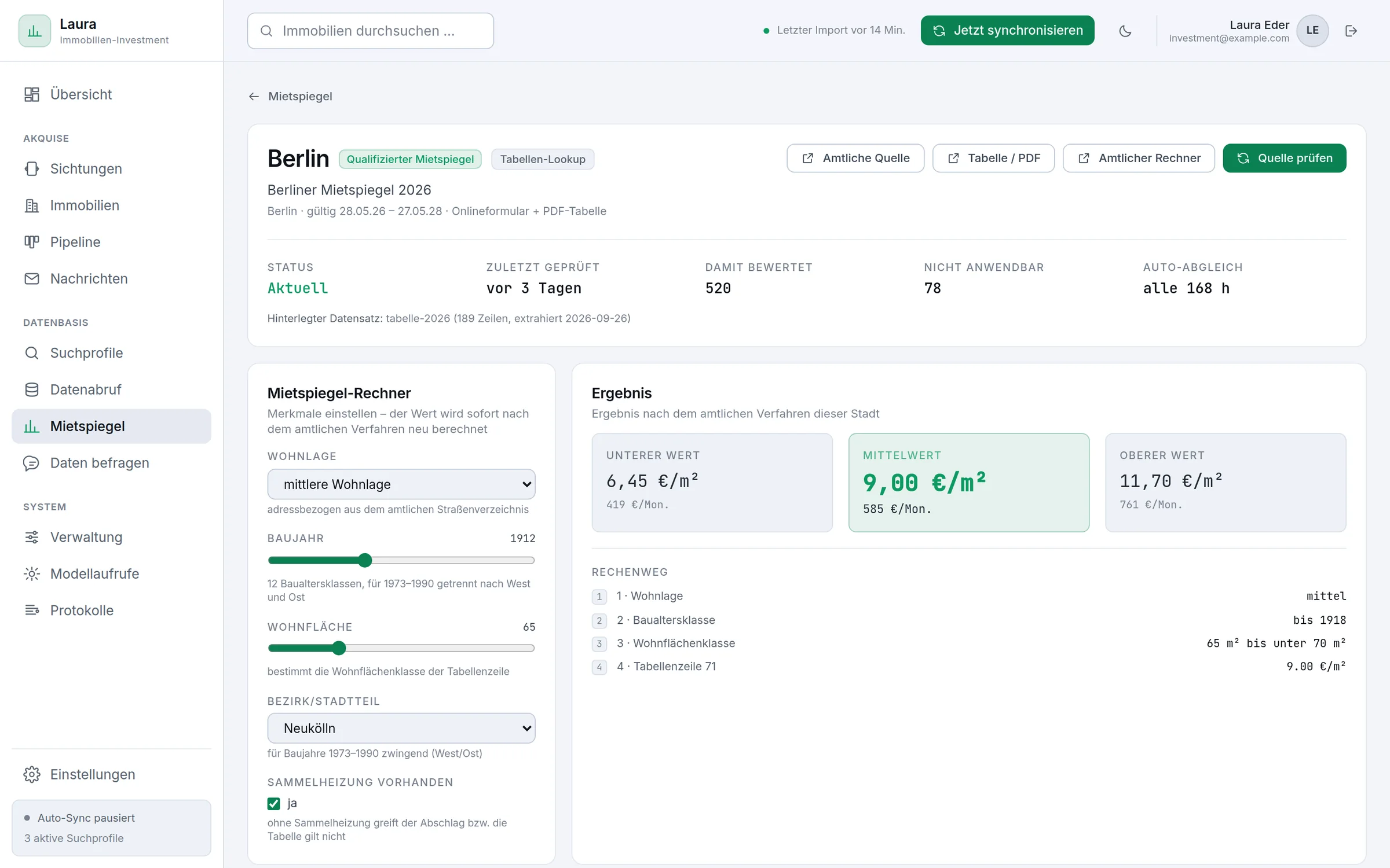 Mietspiegel-Rechner Berlin – Tabellen-Lookup über alle 189 Zeilen der amtlichen Mietspiegeltabelle – mit dokumentiertem Rechenweg.