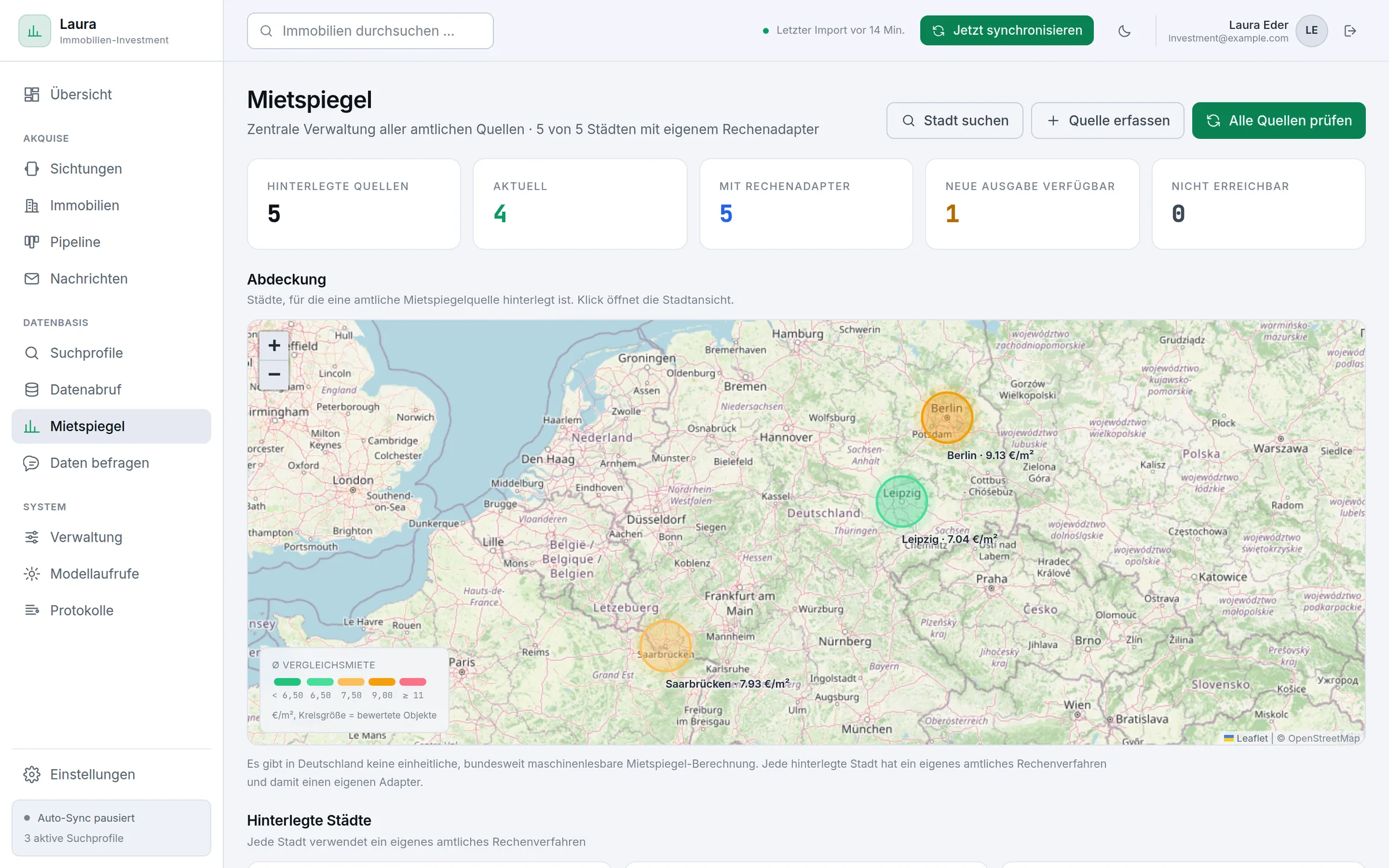 Mietspiegel-Übersicht – Zentrale Verwaltung der amtlichen Quellen mit Abdeckungskarte und Prüfstatus.