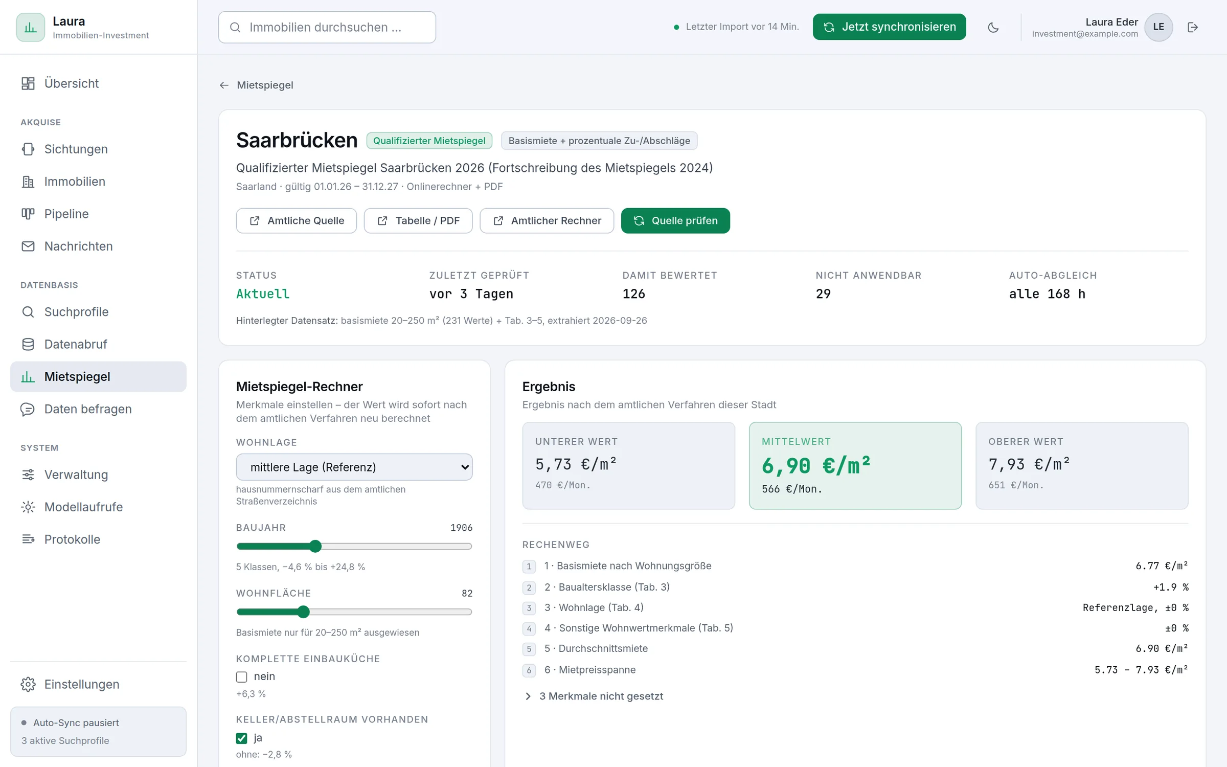 Mietspiegel-Rechner Saarbrücken – Ein völlig anderes Verfahren: Basismiete plus prozentuale Zu- und Abschläge.