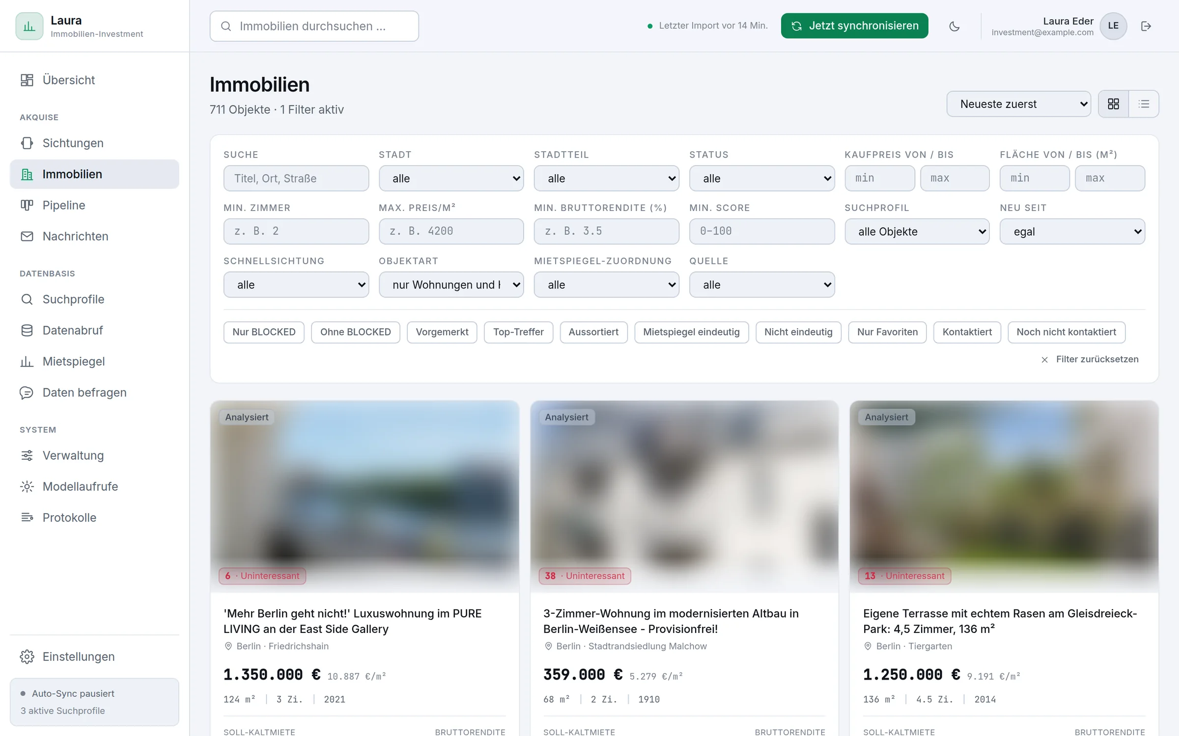 Immobilien – Kartenansicht mit 15 Filtern, Soll-Miete, Bruttorendite und Datenvollständigkeit je Objekt.