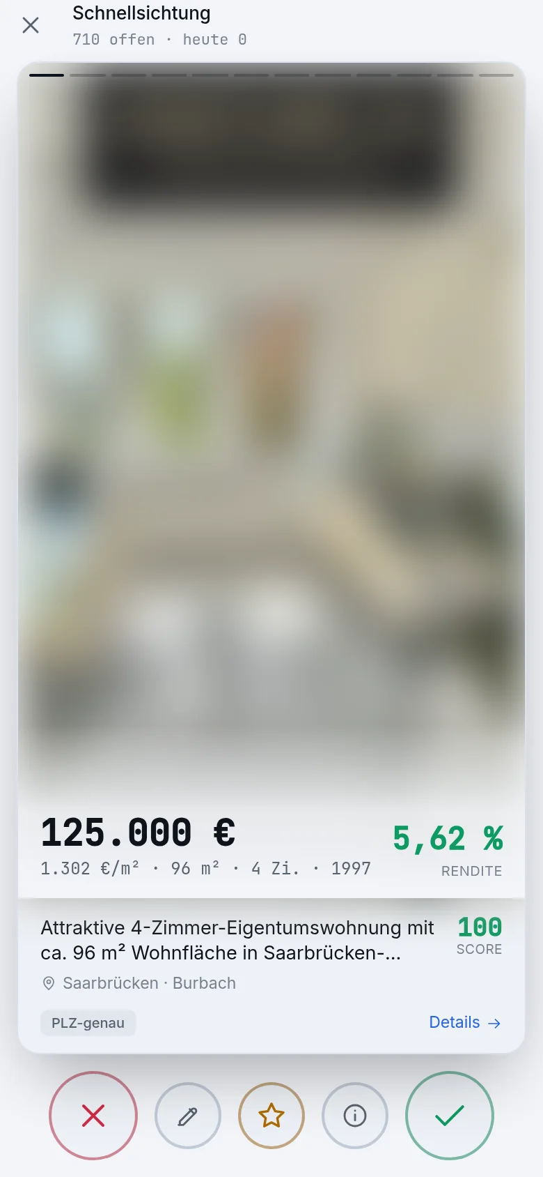 Schnellsichtung auf dem Smartphone mit Preis, Rendite und Score
